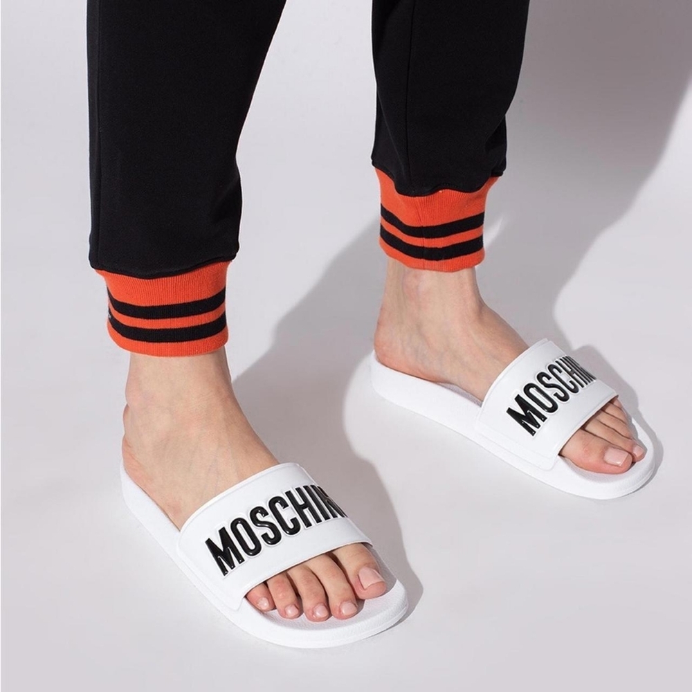 Authentic Moschino Spellout White Platform Pool Slides Size 38 Womens